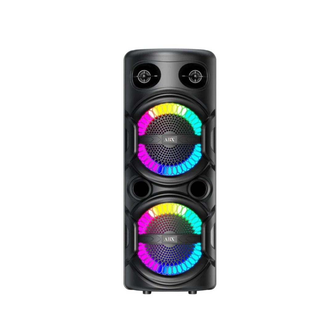 Black party speaker with colorful LED lights on a white background