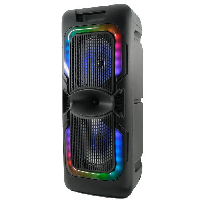 Black portable speaker with colorful LED lights on a white background