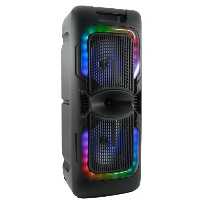 Black portable speaker with colorful LED lights on a white background