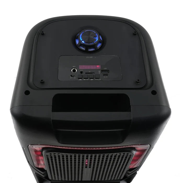 Black outdoor speaker with control panel on a white background
