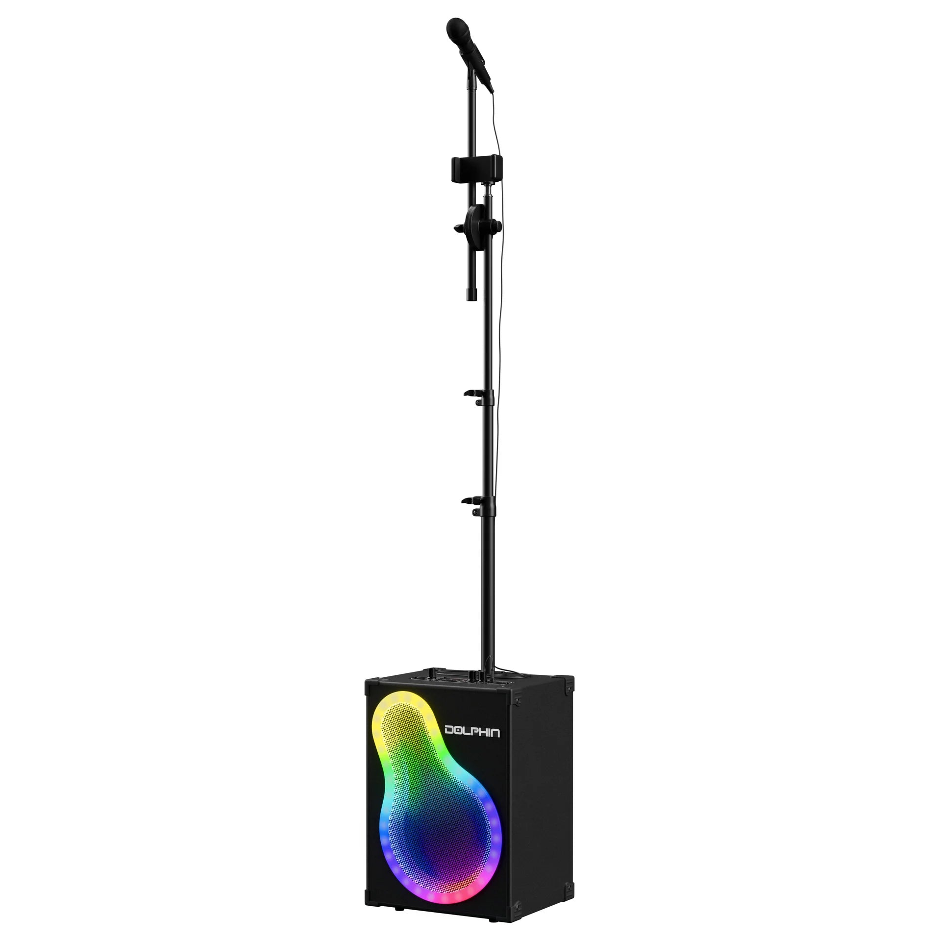Black microphone stand with a colorful base on a white background