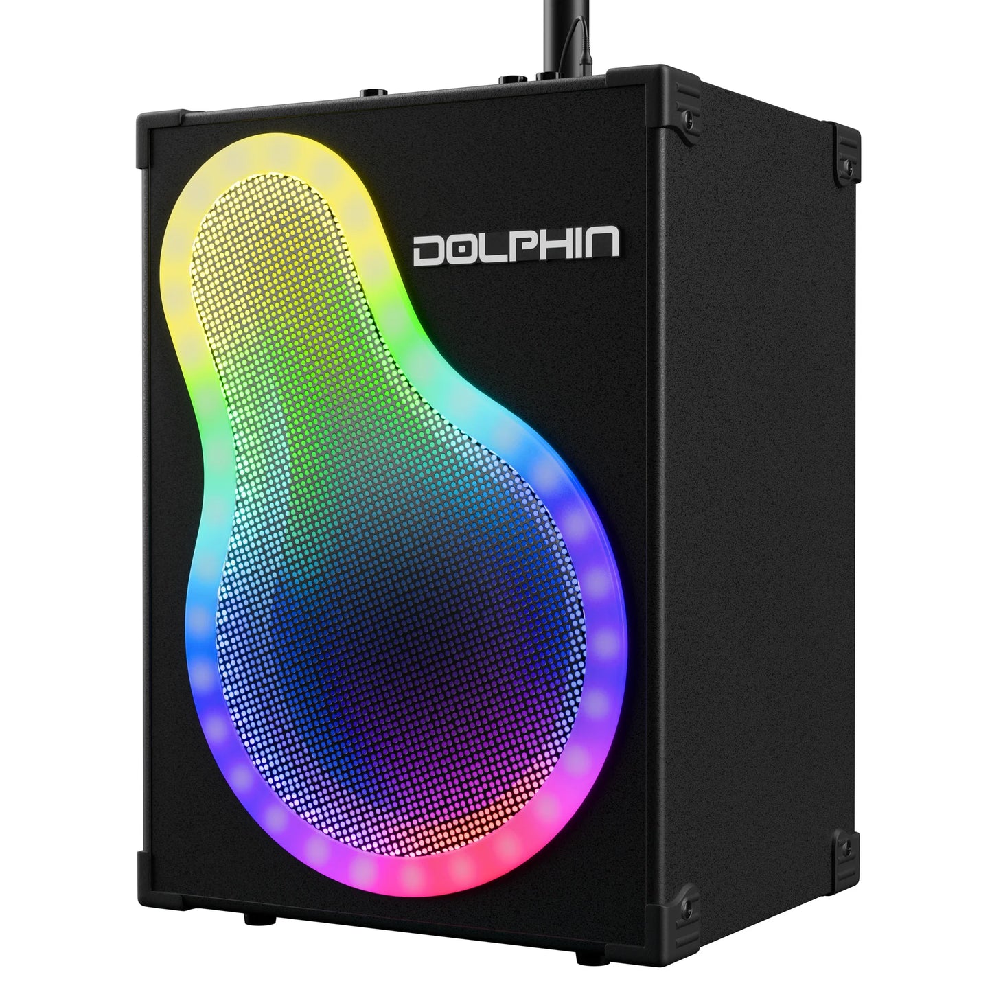 Black speaker with colorful gradient design and 'Dolphin' branding on a white background