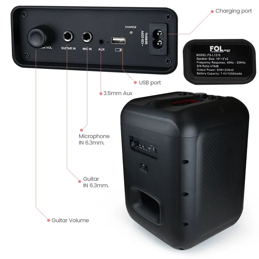 Black portable speaker with labeled ports on a white background
