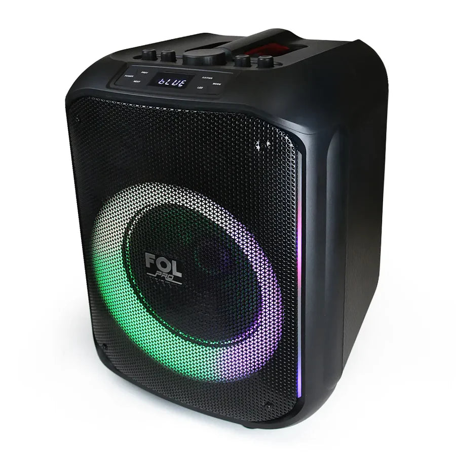 Black portable speaker with colorful LED lighting on a white background