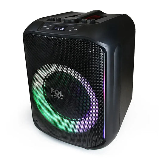 Black portable speaker with colorful LED lighting on a white background