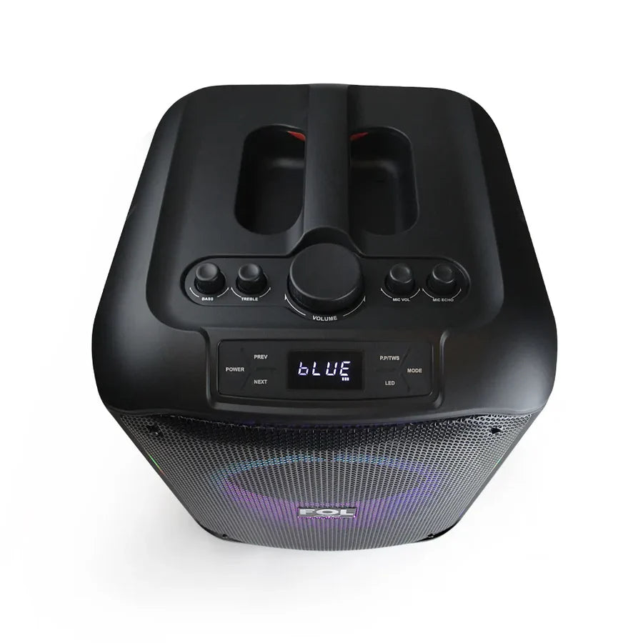 Black portable speaker with control buttons and LED display on a white background