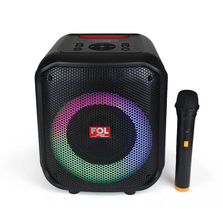Black portable speaker with colorful LED lights and a microphone on a white background