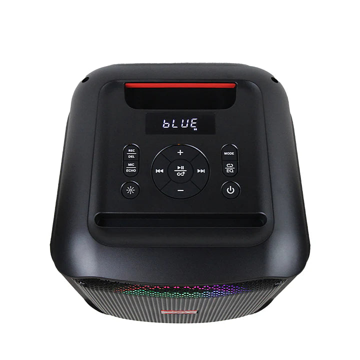 Black portable speaker with control panel and LED lights on a white background