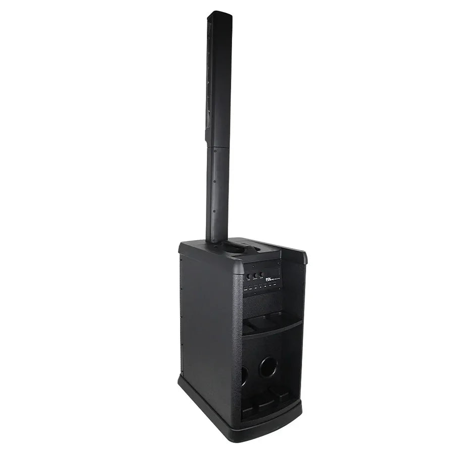 Black portable speaker with a handle on a white background