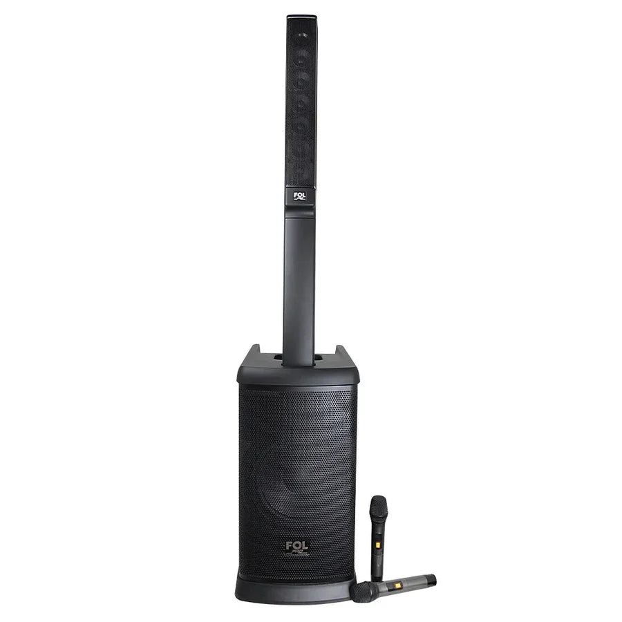 Black portable PA system with microphone on a white background