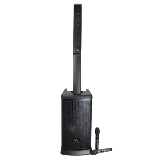 Black portable PA system with microphone on a white background