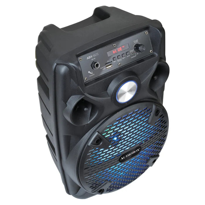 Black portable speaker with blue LED lighting on a white background