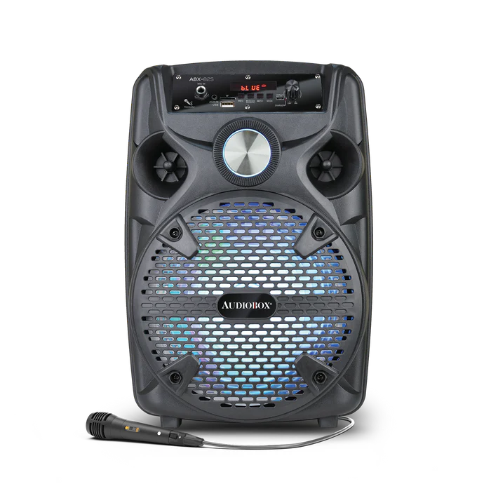 Black AudioBox PA speaker with microphone on a white background