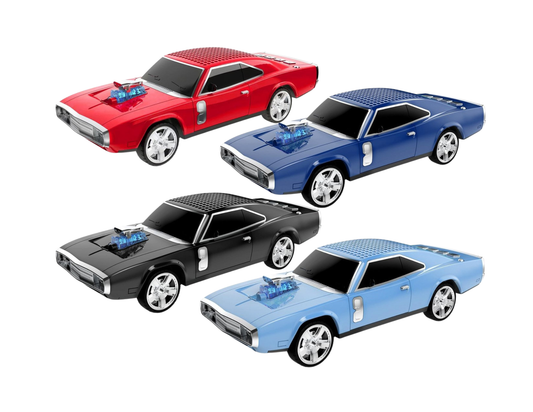 Four toy cars in red, blue, black, and light blue on a white background