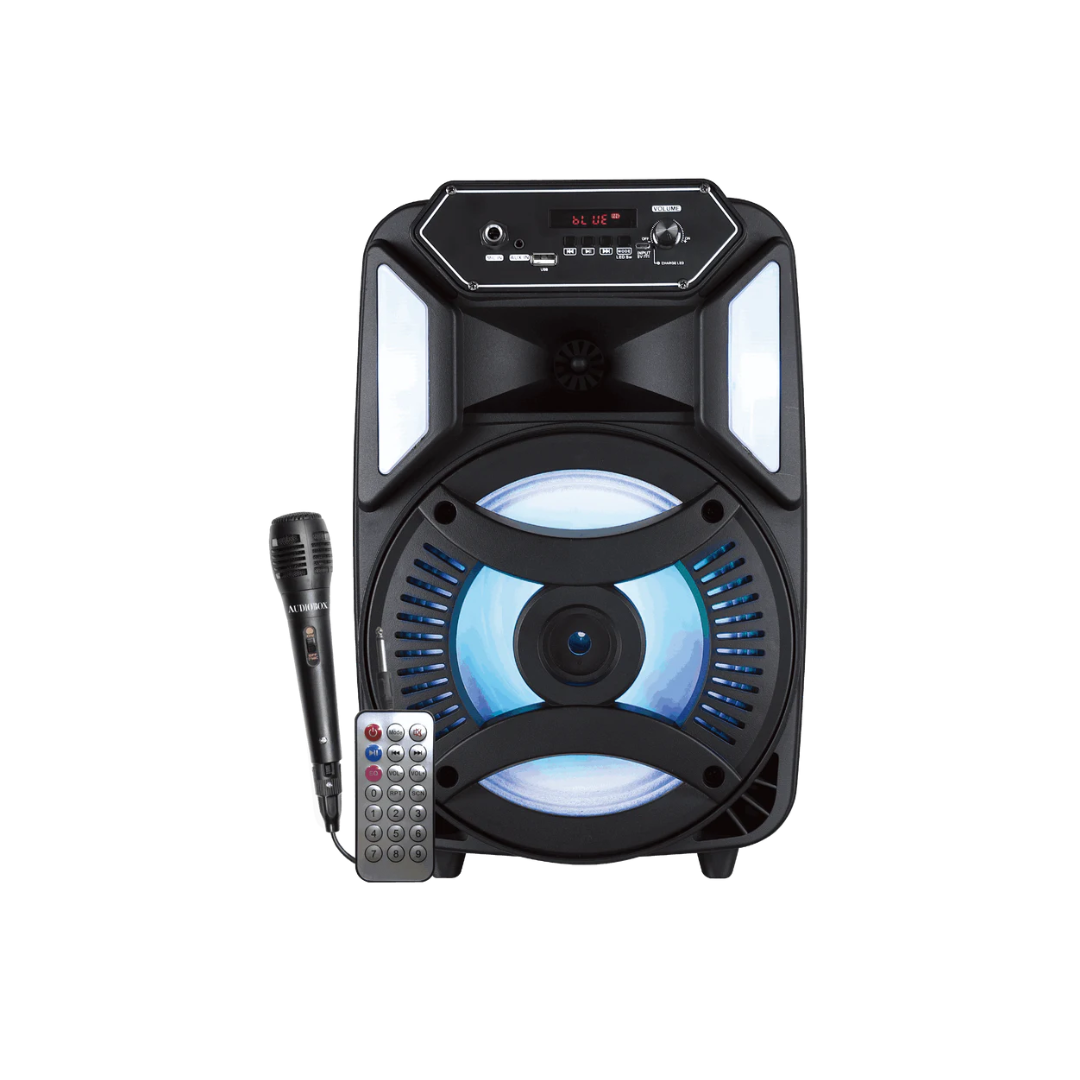 Black portable speaker with microphone and remote control on a white background