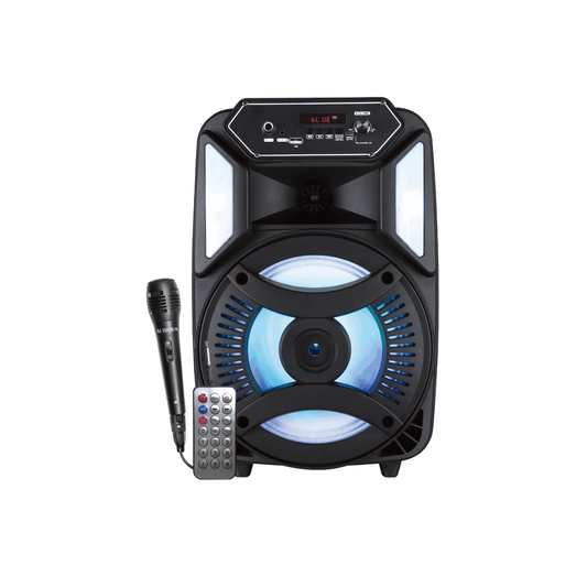 Black portable speaker with microphone and remote control on a white background