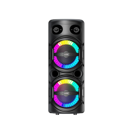 Black party speaker with colorful LED lights on a white background